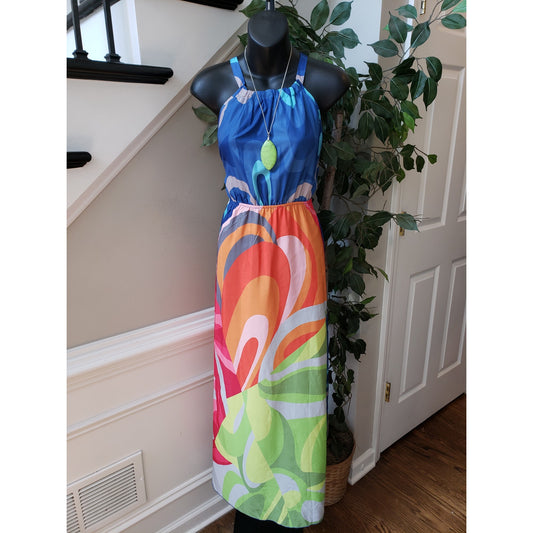 Ruiyige Long Maxi Dress Women's L Multi Abstract Print Halter Boho Cinch Waist