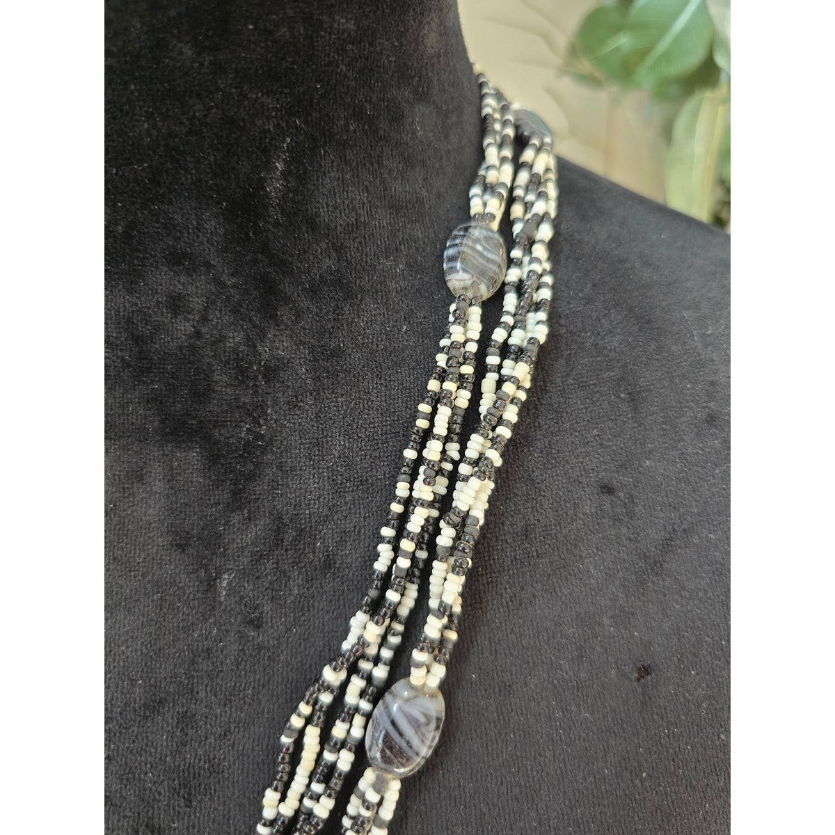 Multi Strand Black White Beaded Statement Necklace Gray Stone Accents
