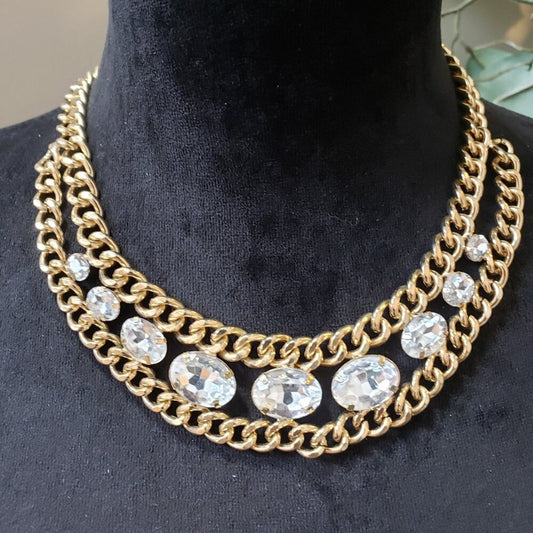 Womens Gold Tone Double Chain Embossed Oval Crystal Faceted Statement Necklace