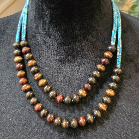 Womens Fashion Dark Brown Wooden Beaded 2 Layered Boho Necklace Jewelry