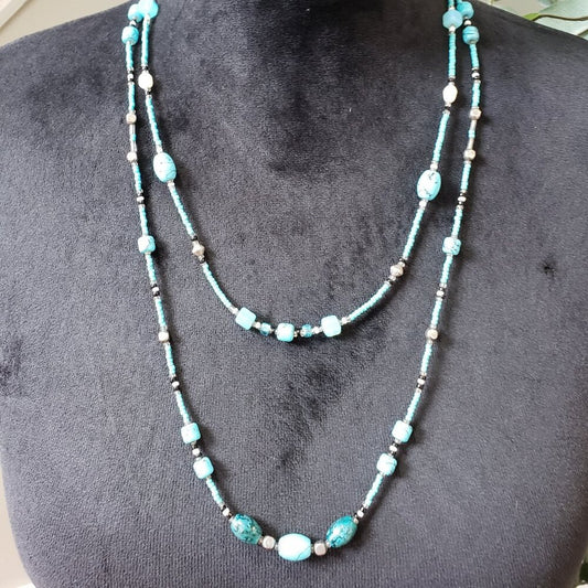 Women's 2 Strand Turquoise and White Candie Seed Beads Necklace Jewelry