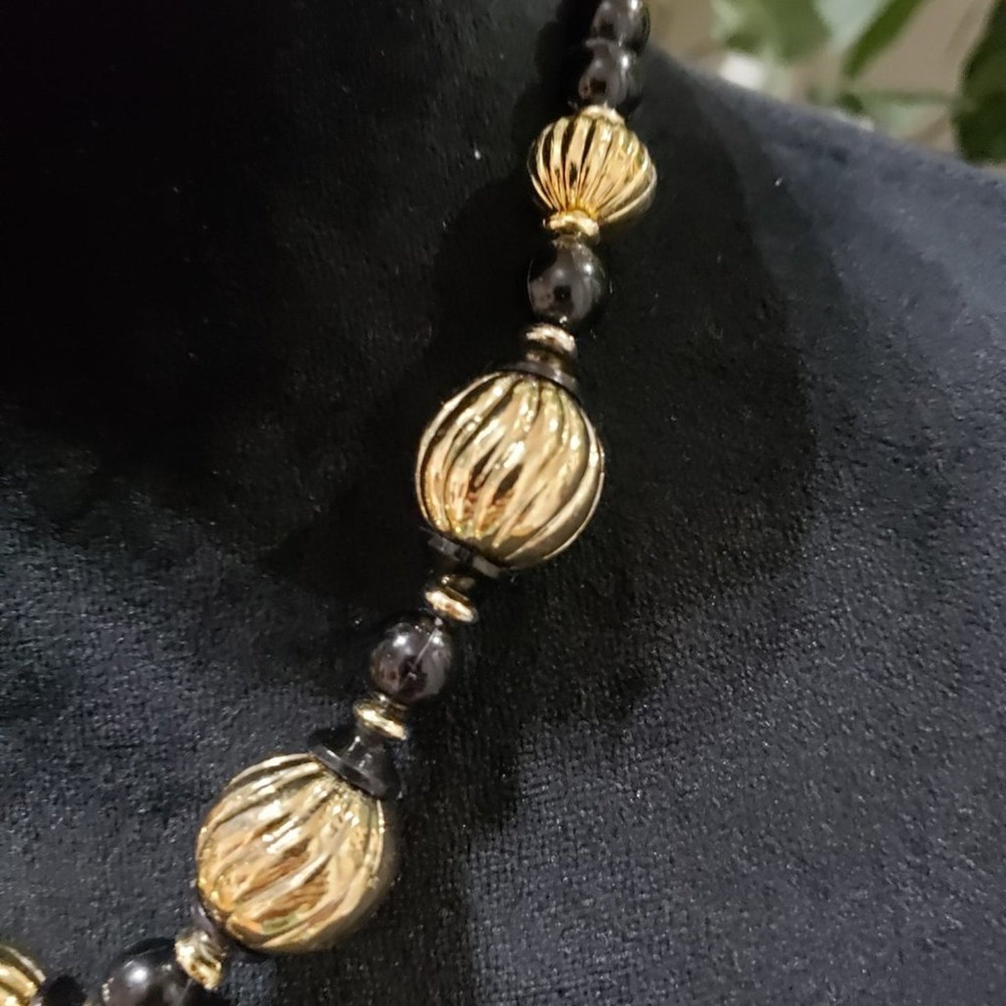 Womens Black Rhinestones Beaded Gold Tone Charm Choker Necklace w/ Round Clasp