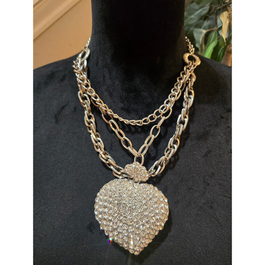Women Chunky Silver Tone Layered Chain Necklace Rhinestone Heart Pendant