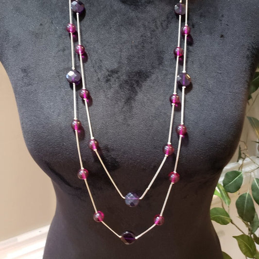 Womens Fashion 2 Strand Purple Glass Bead Station Necklace Jewelry with Lobster