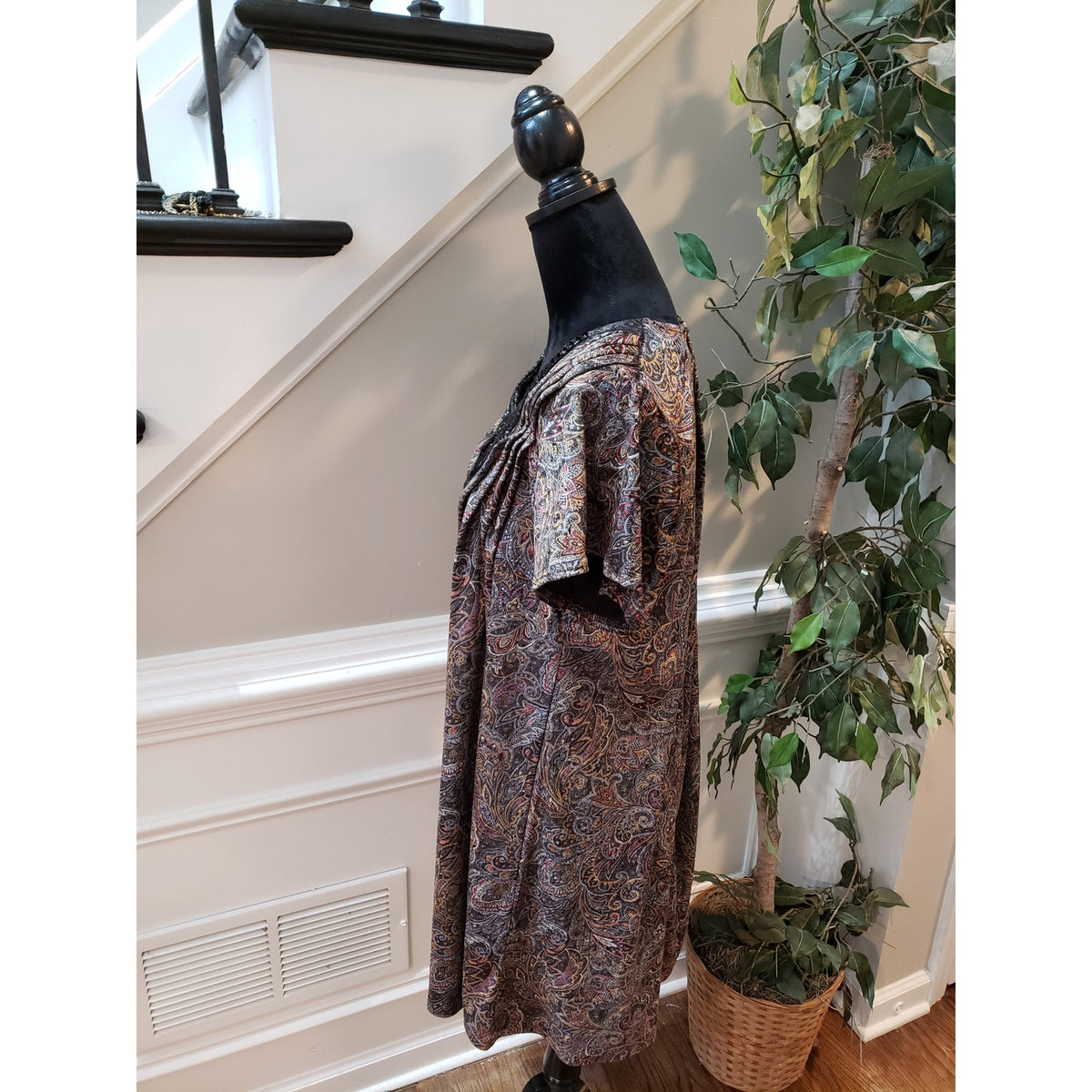 Crea Mure Dress Women Size 8 Brown Paisley Velvet Beaded Neck Boho Short Sleeve