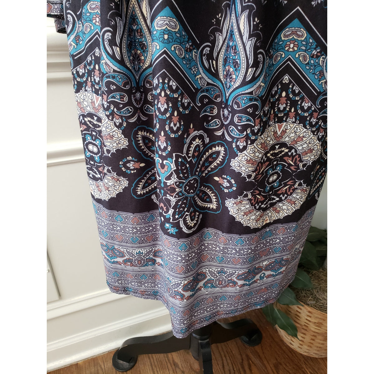 A-Line Dress Womens Size 2X Blue Paisley Gathered Long Sleeve Round Neck Stretch