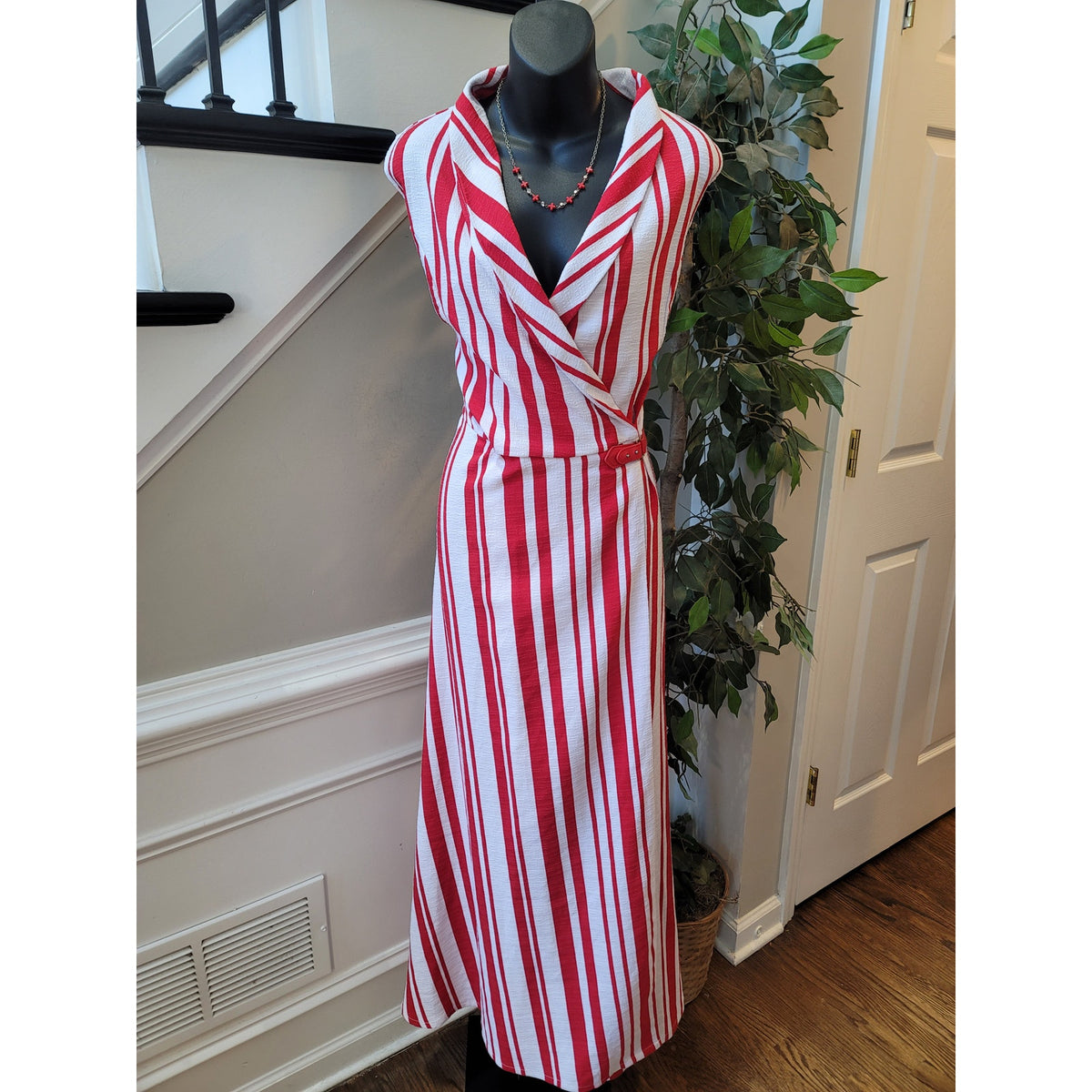 Ashley Stewart Maxi Dress Womens 22 Red White Striped Shawl Lapel Party/Cocktail