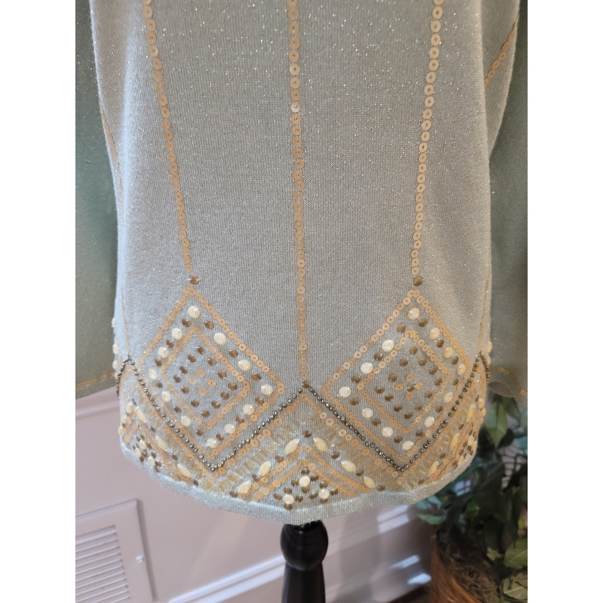Alfred Dunner Shimmer Sweater Women's Medium Sage Green Embellished Sequin