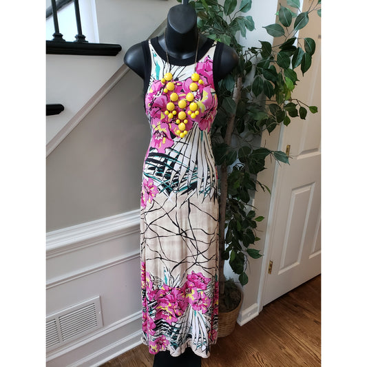 Karen Kane Long Maxi Dress Women's S Beige Pink Geometric Crew Neck Sleeveless