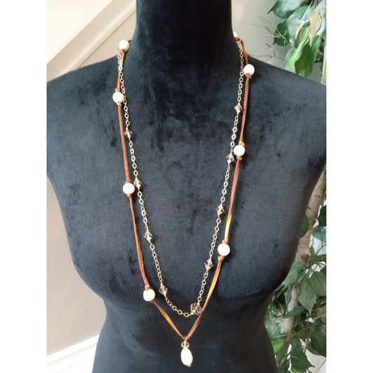 Gold Tone Layered Chain Necklace Faux Pearl Long Pendant Boho Statement Jewelry
