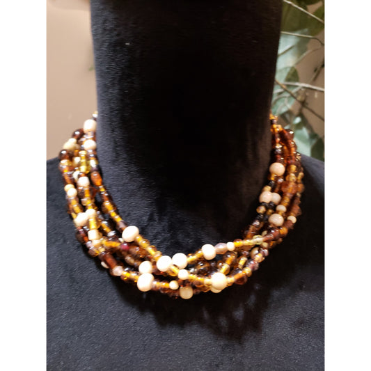 Women Fashion Multistrand Champagne Beads Faux Pearls Link Chain Collar Necklace