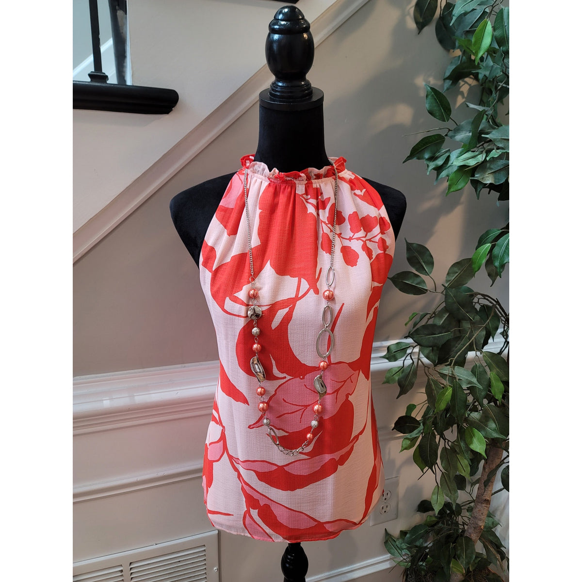 Ann Taylor Factory Halter Top Women's Orange/Pink Large Sleeveless Floral Frill
