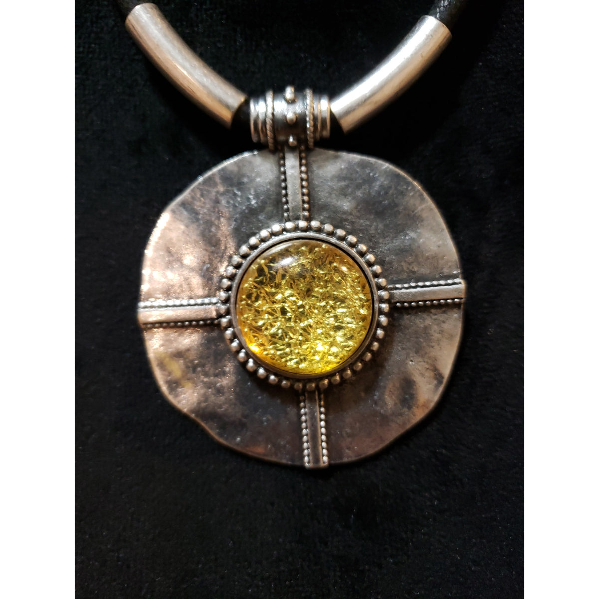 Womens Fashion Bohemian Celestial Two Tone Round Pendant Black Cord Necklace