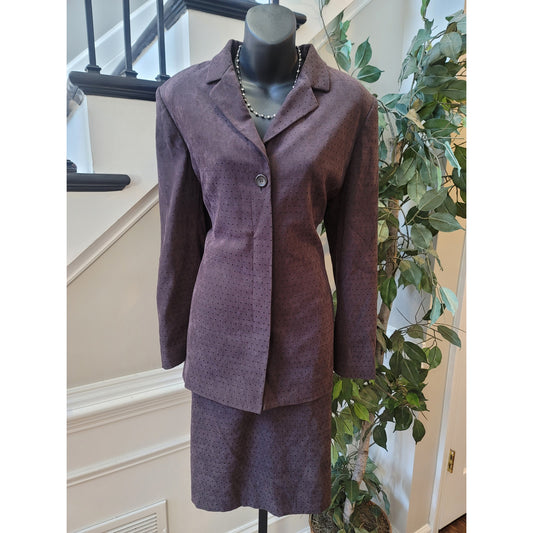 Le Suit Skirt Set Women's SZ 10 Brown Pin-Dot Fully Lined Back Slit long Sleeve