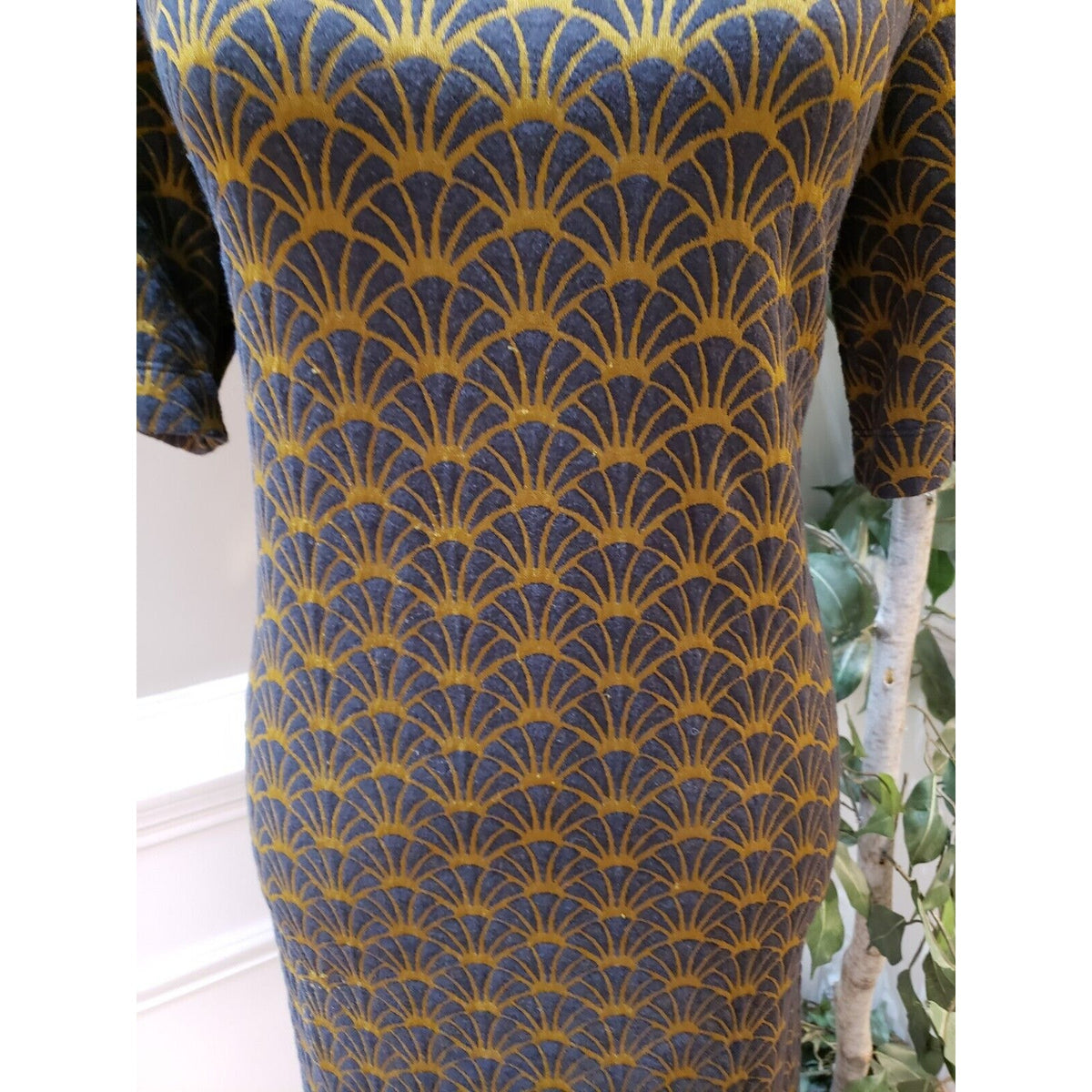 LOFT Women Navy Brown Geometric Short Sleeve Knee Length Shift Dress Size L