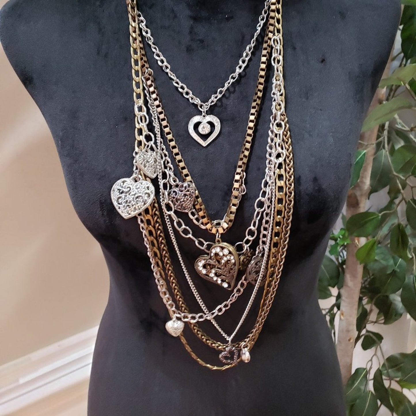 Womens Fashion Brass Multi Strand Heart Pendant Statement Necklace Lobster Clasp