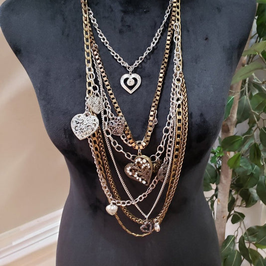 Womens Fashion Brass Multi Strand Heart Pendant Statement Necklace Lobster Clasp
