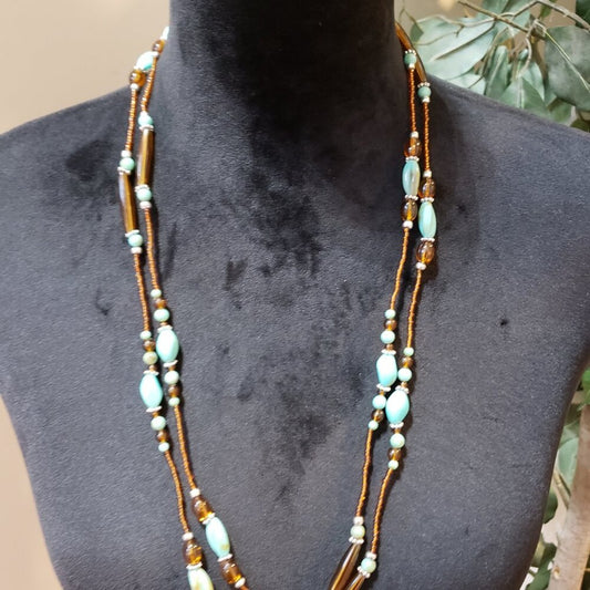 Womens Fashion Turquoise, Brown & Seed Beads Tubes Station Long Necklace Jewelry