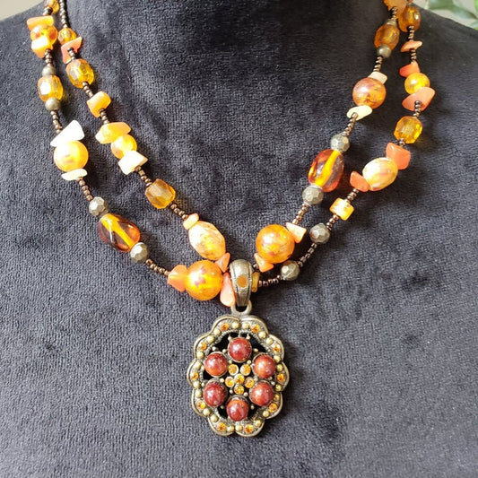 Women 2 Strand Gold Tone Seed Beads Carnelian Stones Pendant Necklace w/ Lobster