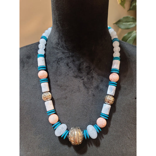 Women's Beaded Necklace With Blue Pink And Silver Beads Barrel Screw Lock Jewelry