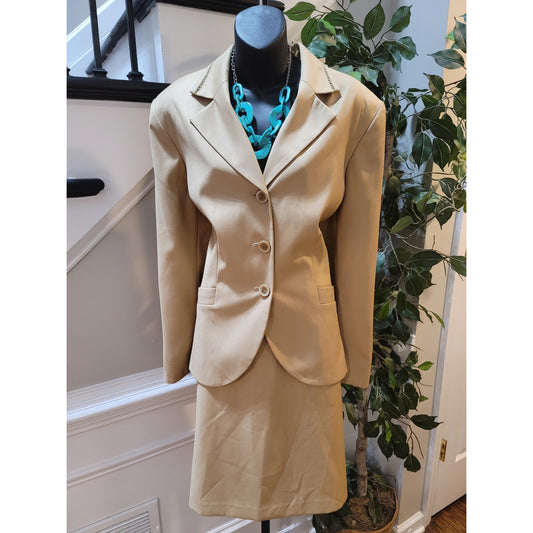 Sagharbor 2 Piece Blazer Skirt Suit Women 18 Beige Long Sleeve Single Breasted