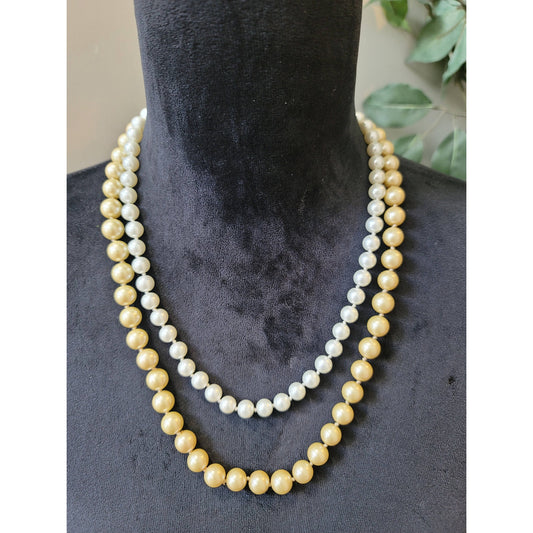 Women George Faux Pearl Double Strand Necklace Gold White Lobster Clasp Jewelry