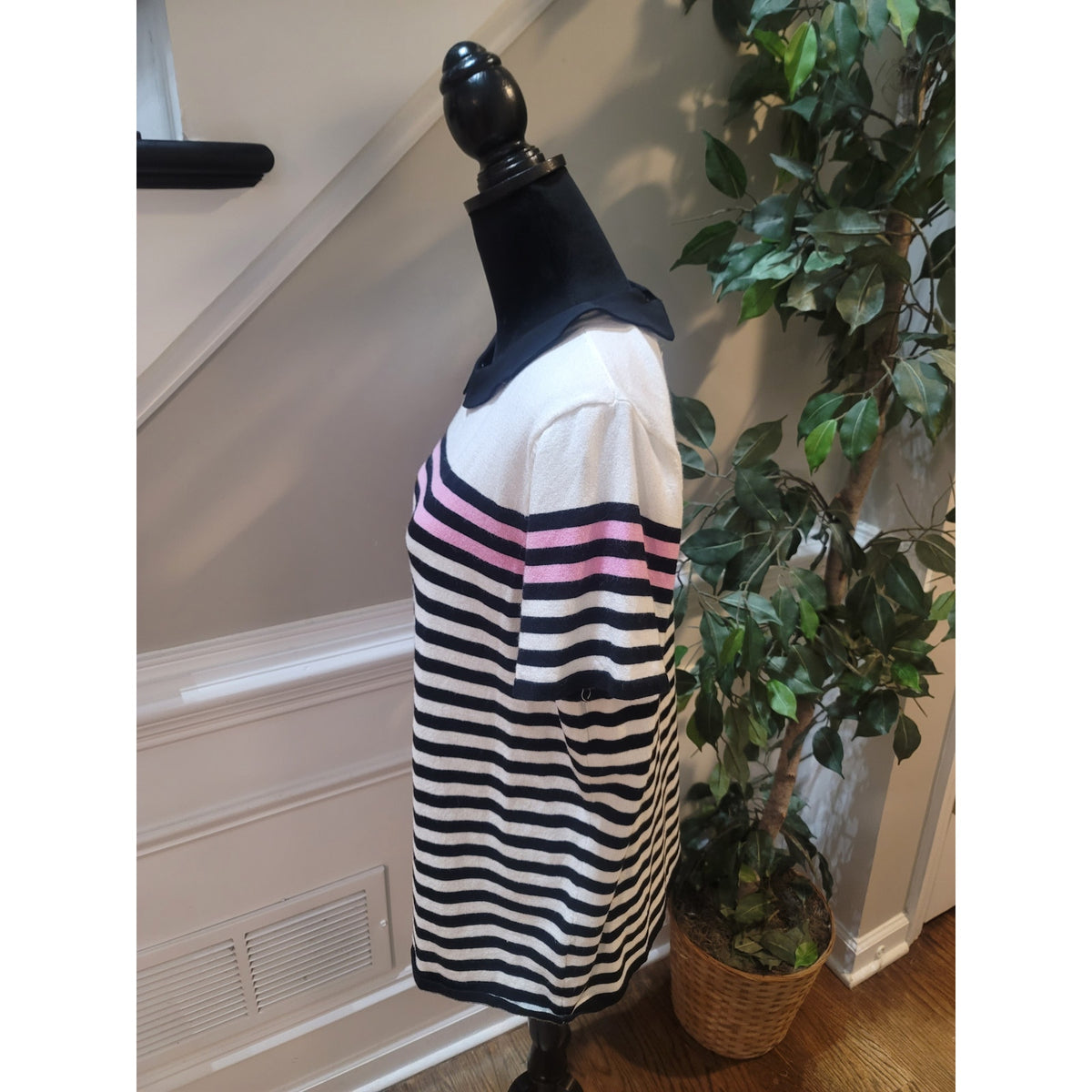 Elle Pullover Sweater Women XL White/Black Striped Peter Pan Collar Short Sleeve