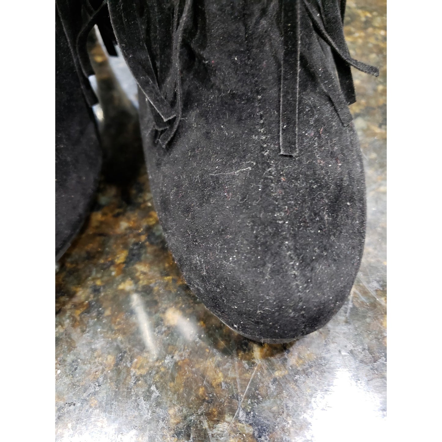 Forever Fringe Booties Women's 7.5 Black Suede Round Toe Stiletto Heel Side Zip