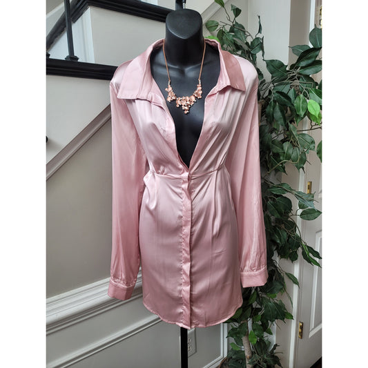 Fashion Nova First Priority Women Large Pink Satin Long Sleeve Dress