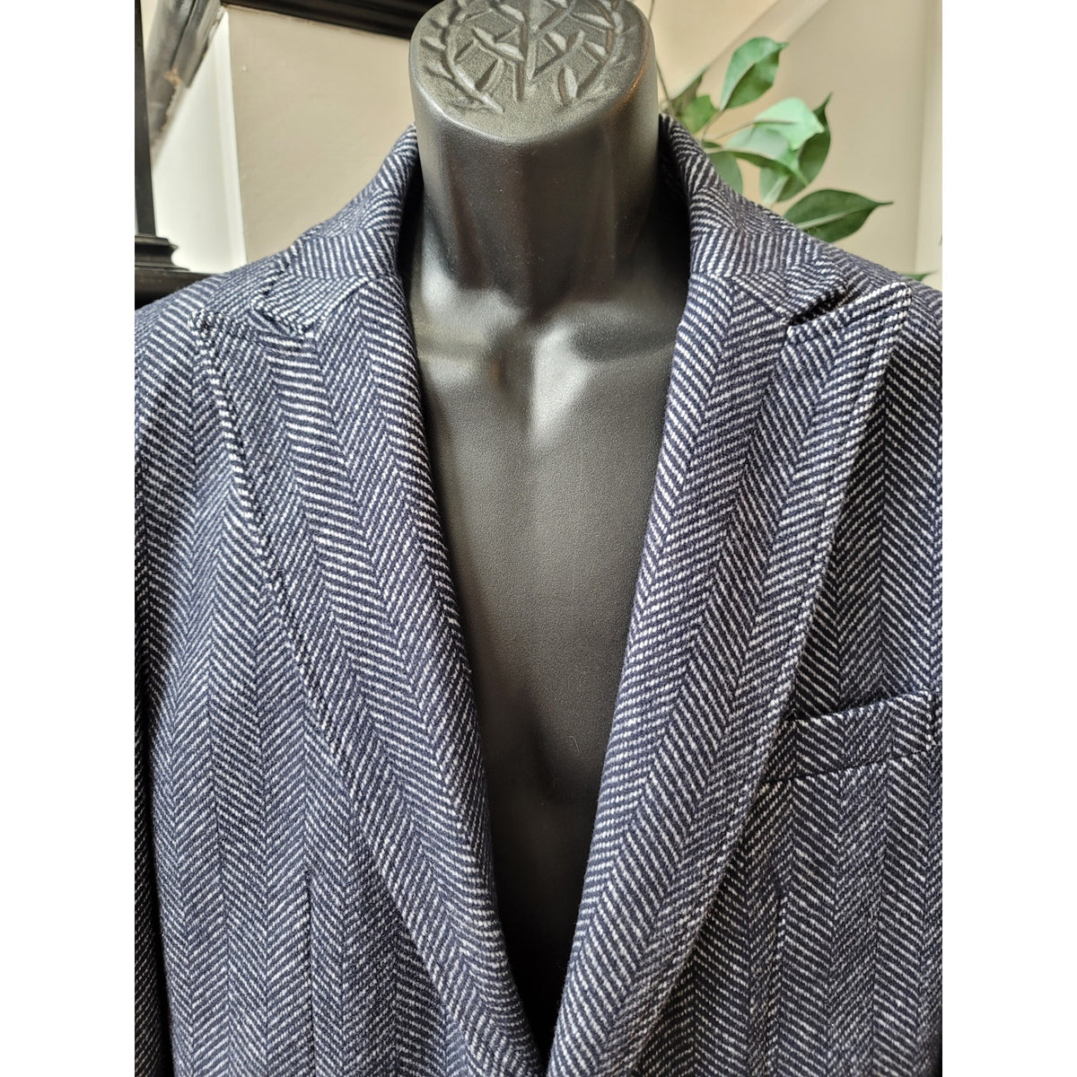 Brave Man Overcoat Men's Medium Navy Polyester Blend Herringbone Two Pockets