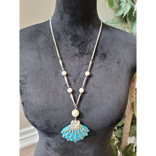 Women's Pearl Beaded Turquoise Fan Necklace Silver Chain