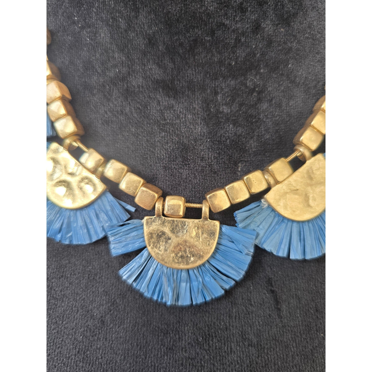 Blue Fringe Gold Disc Statement Necklace