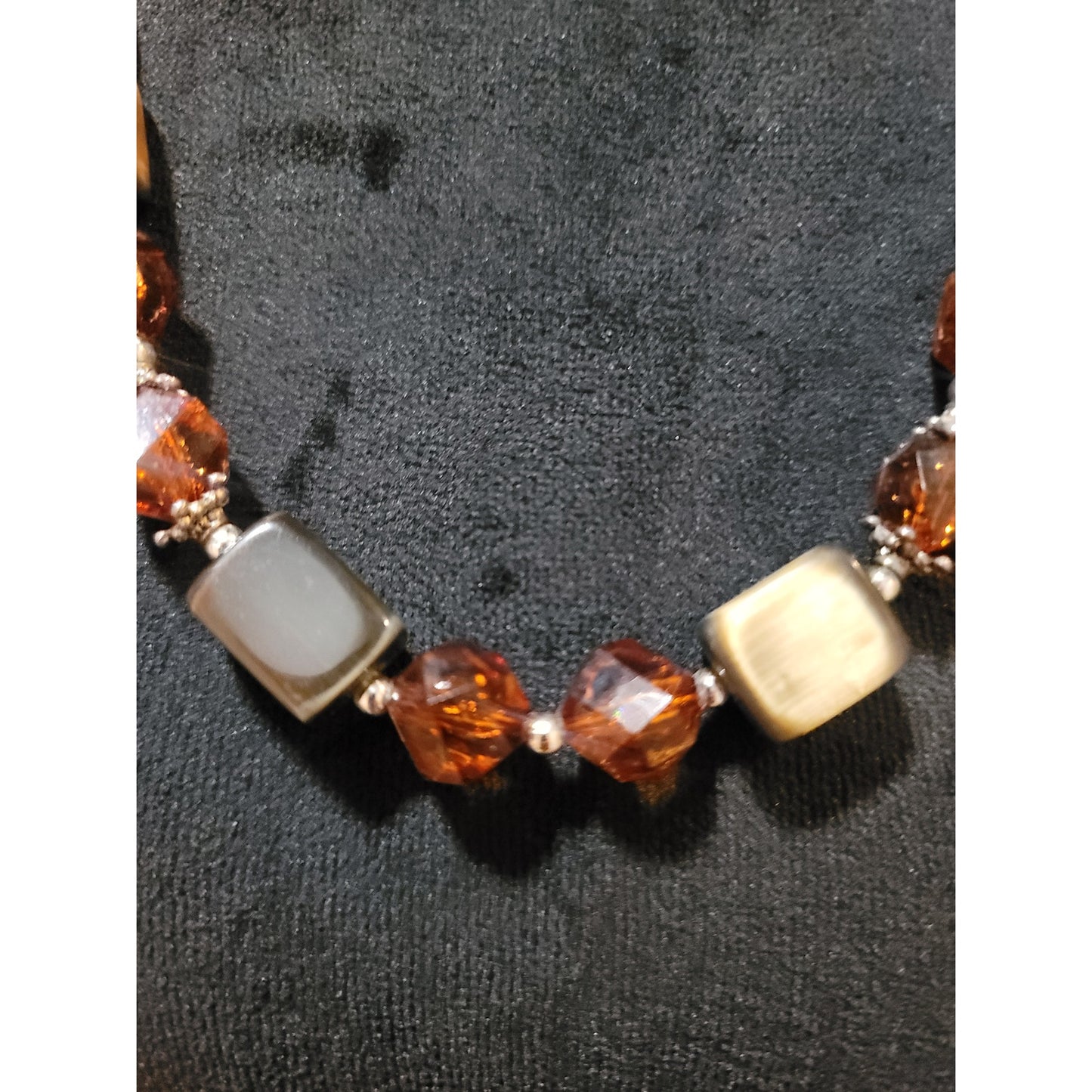 Women's Brown Ribbon Tie Beaded Necklace With Amber Crystal And Square Beads