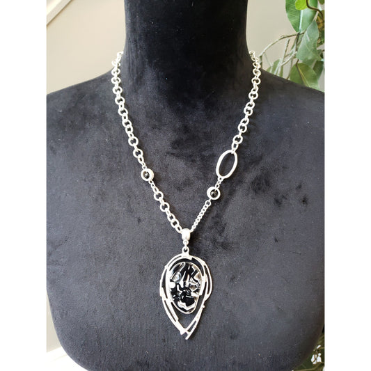 Womens Silver Black Pendant Necklace Abstract Modern Art Statement Chain Jewelry
