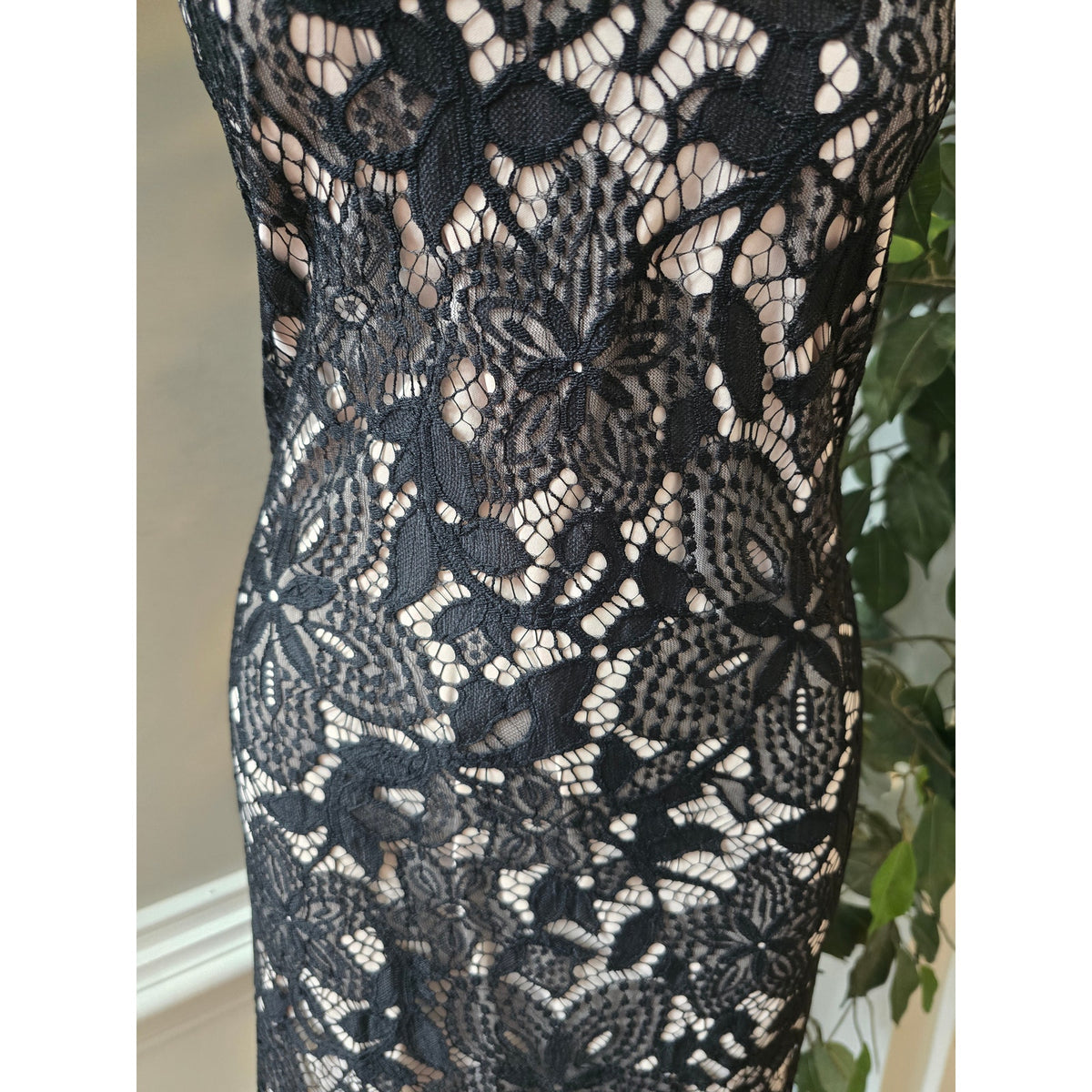 Express Sheath Dress Women's Small Black/Beige Floral Overlay Lace Back Keyhole