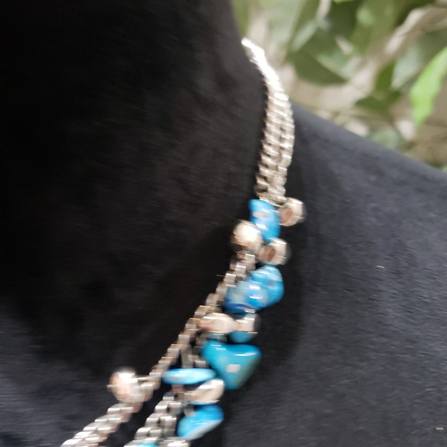 Womens Fashion Double Stranded  Silver Tone Chain Blue Beads Necklace with Lobst