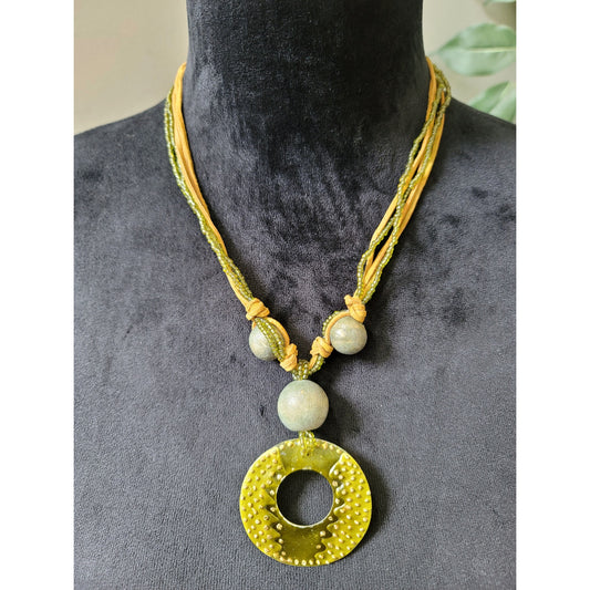 Women's Green Beaded Necklace with Leather Straps and Lobster Clasp