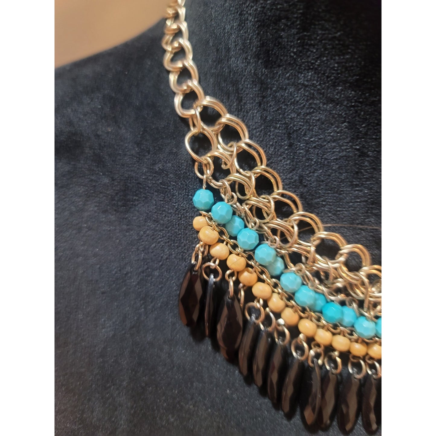 Women Statement Necklace With Turquoise Beads Black Drops And Lobster Clasp Lock