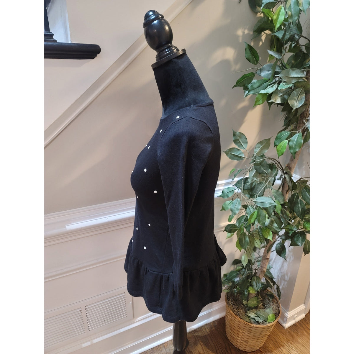 Epic Threads Pullover Sweater Women Small Black Polka Dot Pleated Hem 3/4 Sleeve