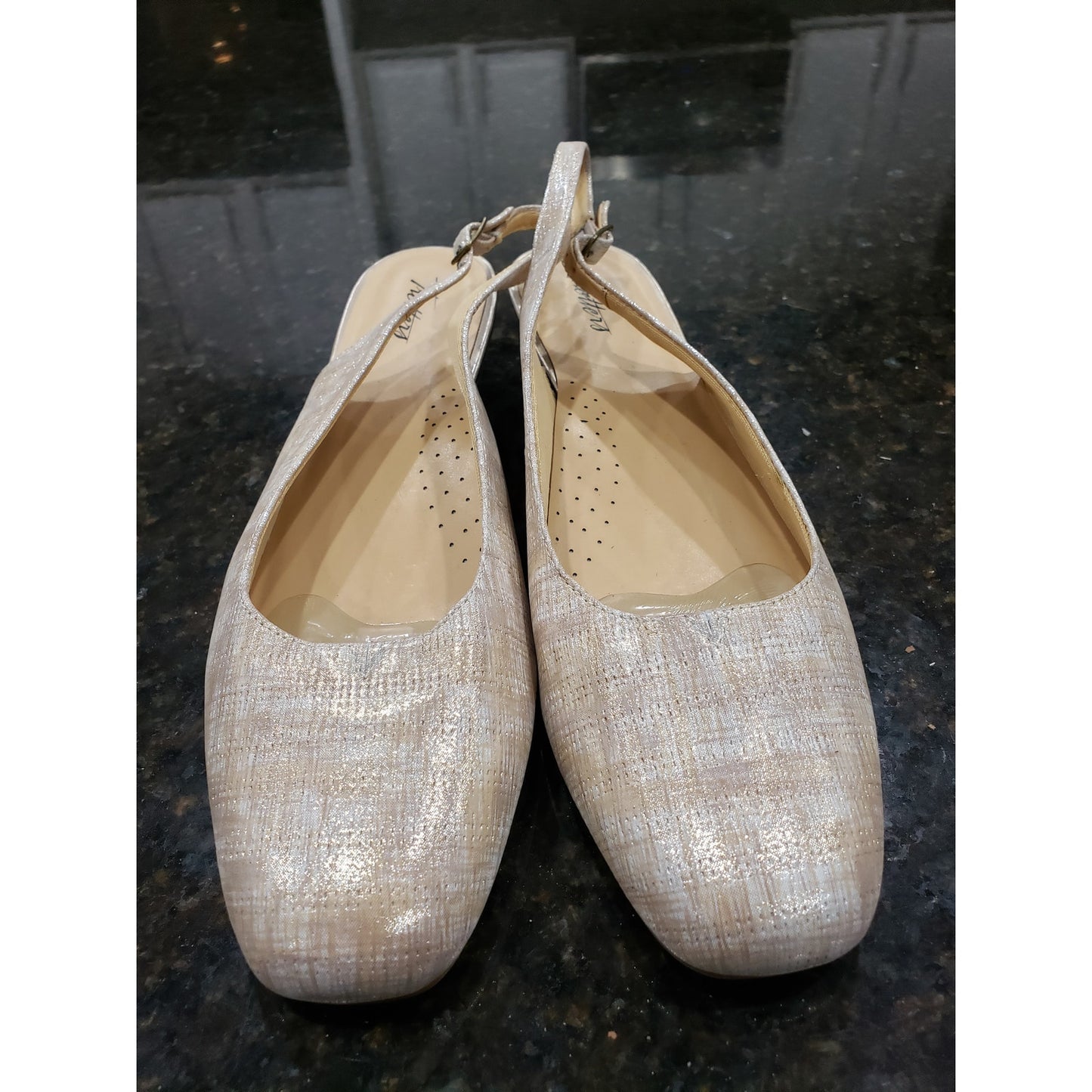 Trotters Lenore Pump Women Beige Leather Wedge Heel Adjustable Strap Buckle 12N