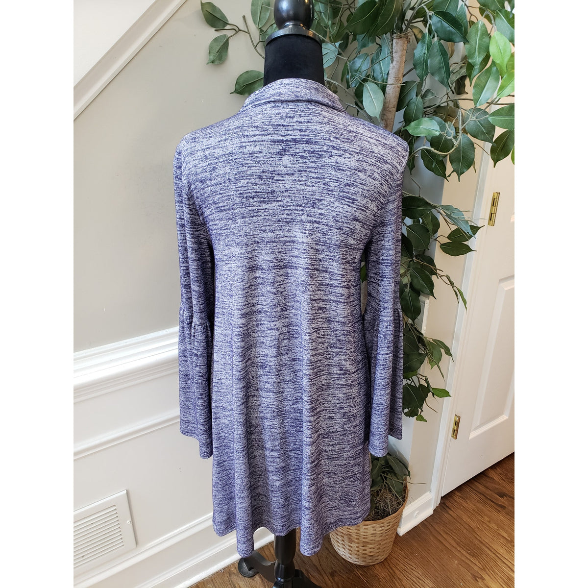 Kensie Mini Dress Women's Small Heather Purple Bell Sleeve Choker Neck Pullover
