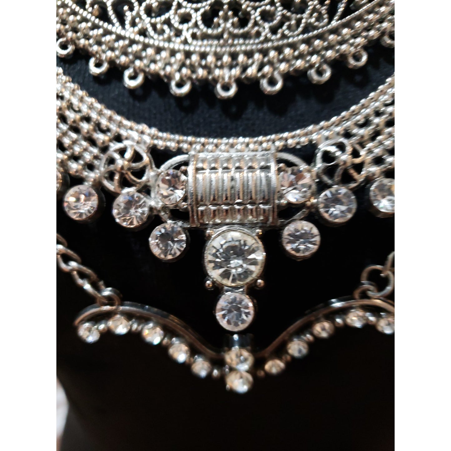 Women Fashion 4 Strand Crystals Metal Beaded Filigree Statement Necklace Jewelry