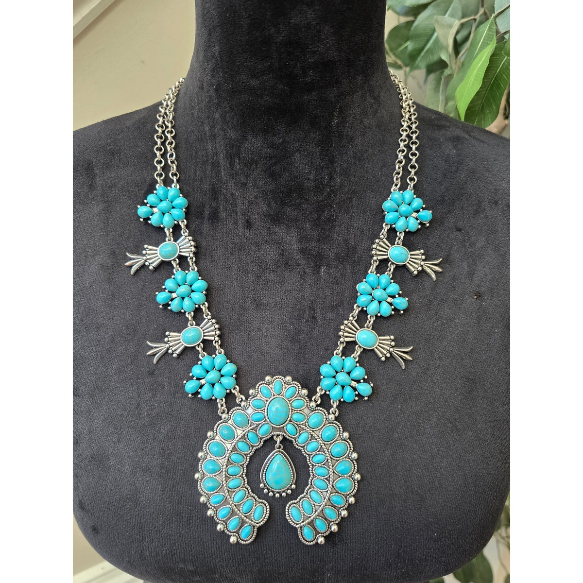 Turquoise Blue Floral Beaded Squash Blossom Style Silver Tone Necklace