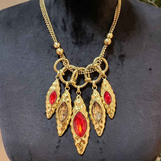 Women Red & Brown Crystal Leaf Stone Gold Tone Chain Necklace with Lobster Clasp