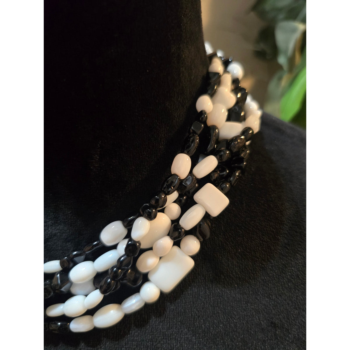 Women's Black White Beaded Multi Strand Necklace Chunky Statement Toggle Clasp