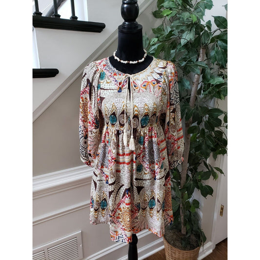 Umgee Women's Multicolor Cotton Round Neck Long Sleeve Knee Length Dress Size S