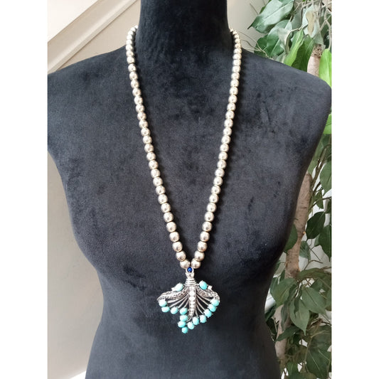 Silver Tone Turquoise Beaded Pendant Necklace Southwestern Boho Statement