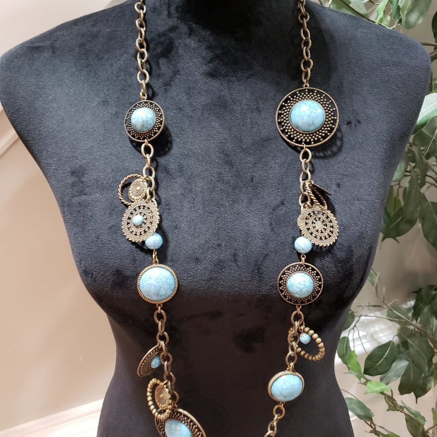 Chico's Women Fashion Belt Faux Turquoise Long Collar Necklace w/ Lobster Clasp