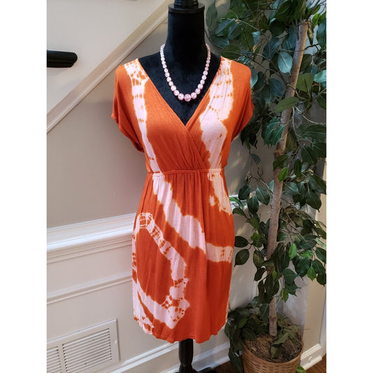 Pink Rose Women's Orange 100% Viscose Wrap V Neck Short Sleeve Large Dress