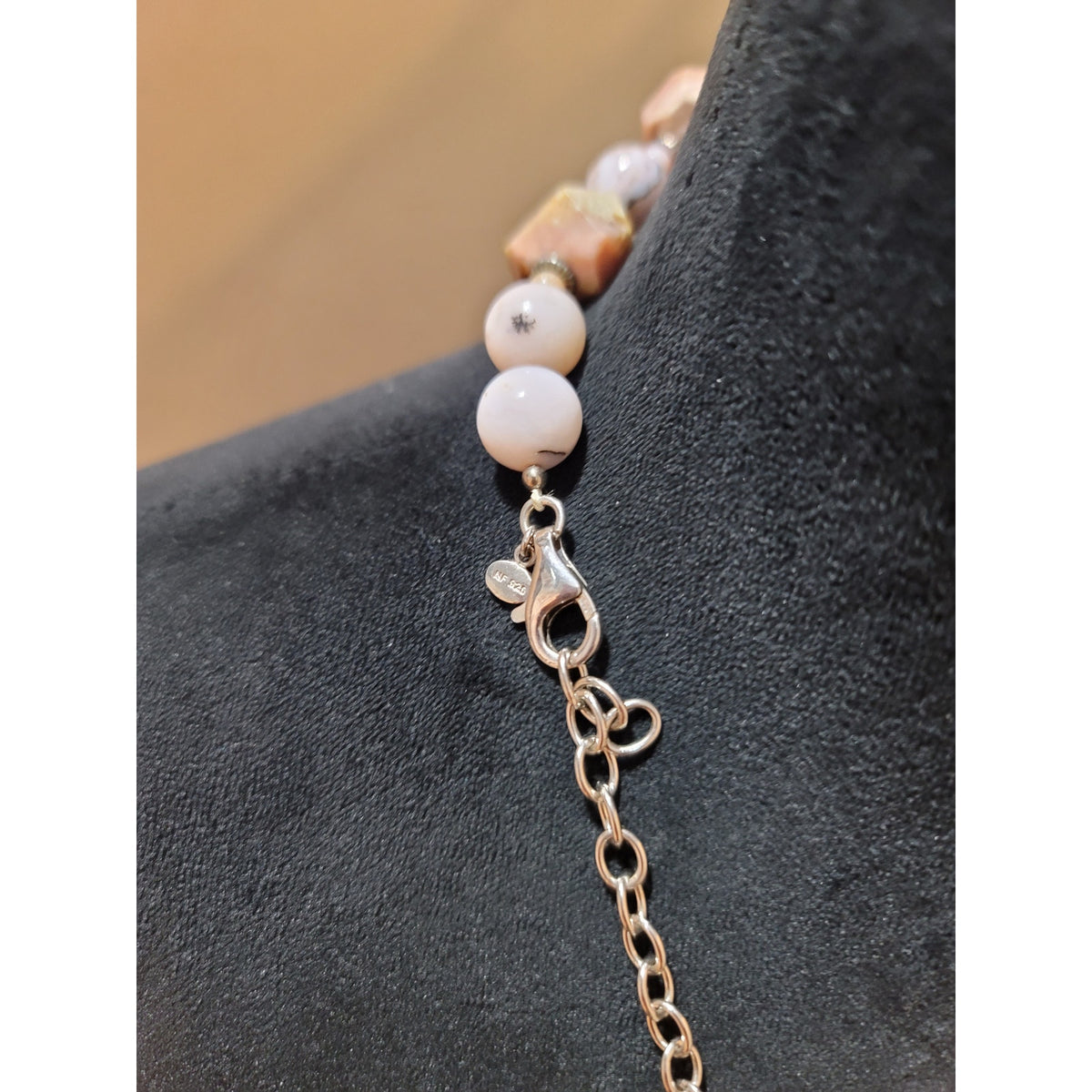 NF .925 Engraved Salmon Colored Beaded Necklace Sterling Silver Lobster Clasp